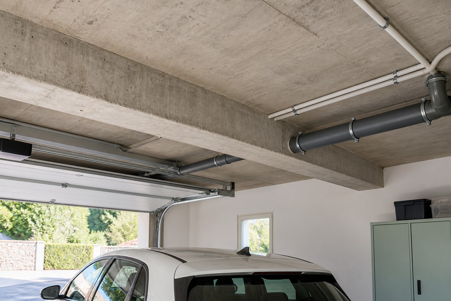 Sous-face d’un plancher de garage avec poutre en béton, canalisations et rails de porte à prendre en compte avant isolation