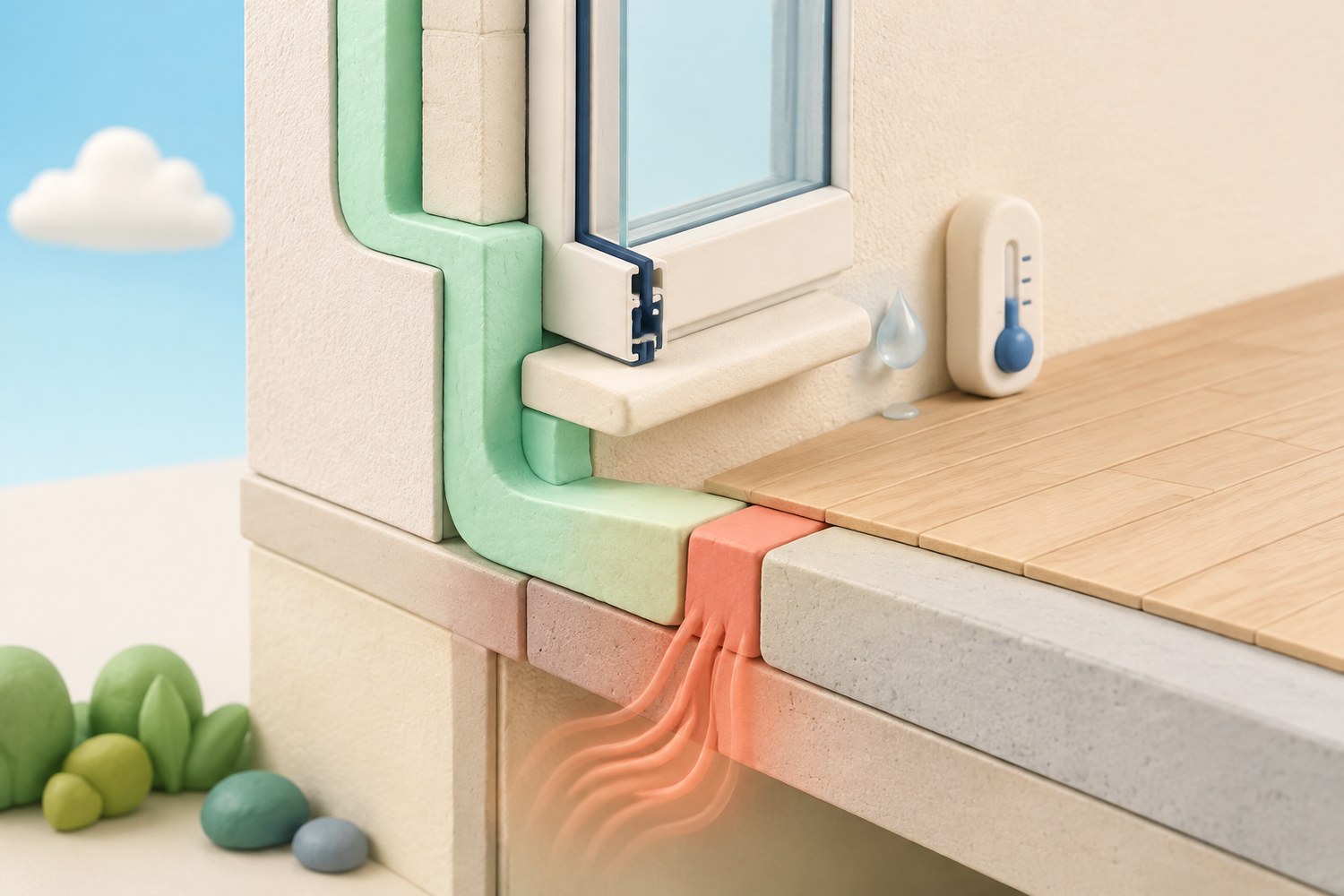 Maquette clay d’une jonction fenêtre-plancher où une interruption corail de l’isolation crée une zone froide et un risque de condensation