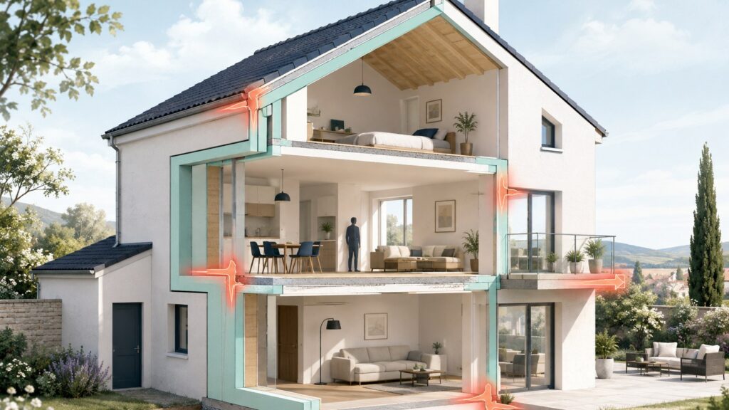 Maison en coupe montrant des fuites de chaleur aux jonctions de toiture, planchers, fenêtres et balcon