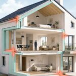 Maison en coupe montrant des fuites de chaleur aux jonctions de toiture, planchers, fenêtres et balcon