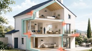 Maison en coupe montrant des fuites de chaleur aux jonctions de toiture, planchers, fenêtres et balcon
