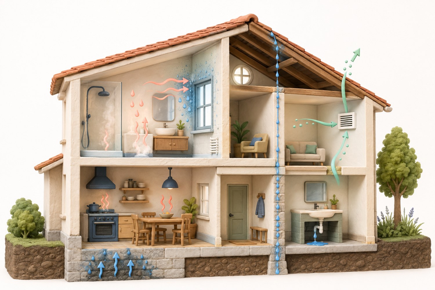 Coupe clay d’une maison montrant condensation, fuite de toiture, remontée capillaire, fuite de canalisation et évacuation par la ventilation