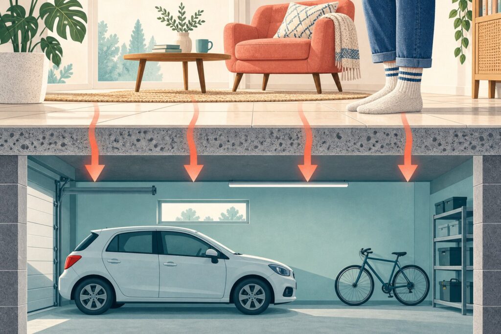 Coupe d’un salon au-dessus d’un garage montrant les pertes de chaleur à travers le plancher et la sensation de sol froid