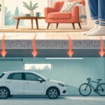 Coupe d’un salon au-dessus d’un garage montrant les pertes de chaleur à travers le plancher et la sensation de sol froid