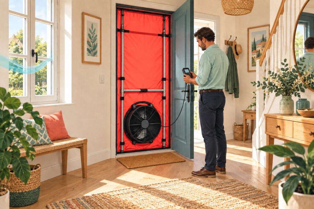 Un professionnel mesure l’étanchéité d’une maison avec une porte soufflante rouge et son ventilateur de diagnostic