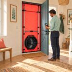 Un professionnel mesure l’étanchéité d’une maison avec une porte soufflante rouge et son ventilateur de diagnostic