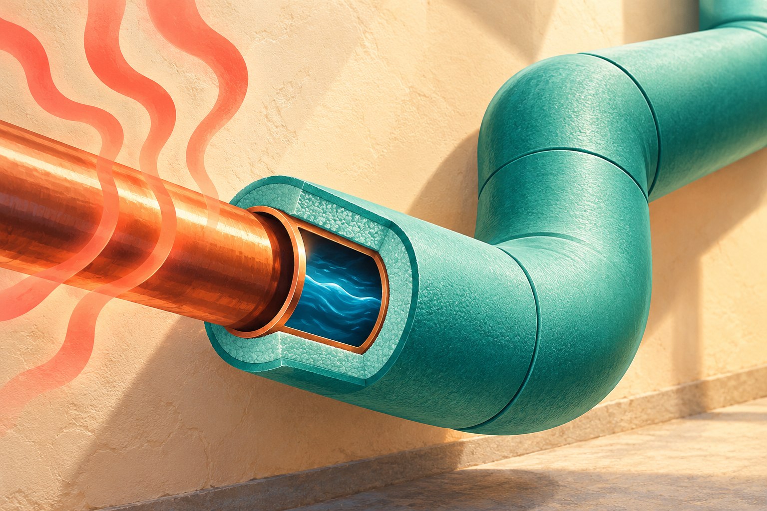 Illustration d’un tuyau en cuivre avec une gaine isolante turquoise en coupe et des rubans corail symbolisant la chaleur dissipée par la partie nue