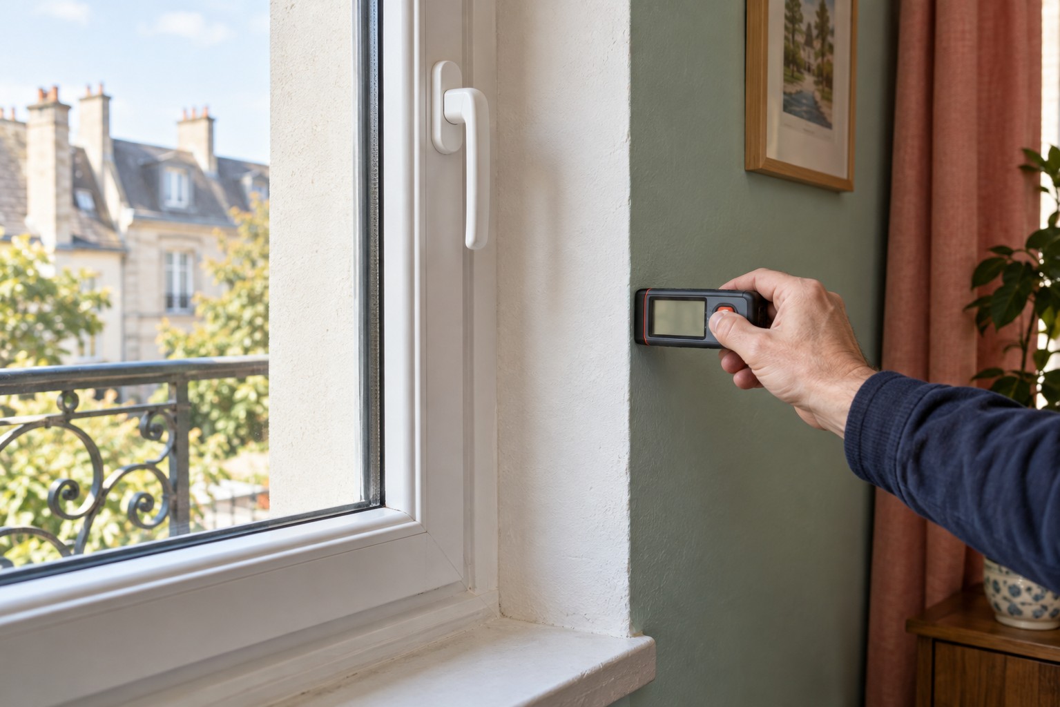 Main tenant un appareil de relevé contre un mur près d’une fenêtre fermée, dans un logement lumineux
