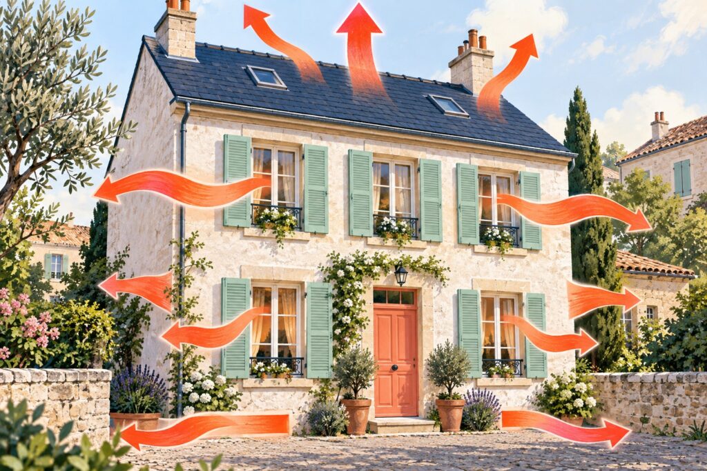Façade de maison illustrée avec des flèches corail symbolisant les pertes de chaleur par plusieurs parties de l’enveloppe