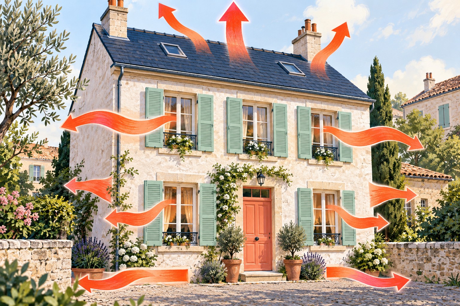 Façade de maison illustrée avec des flèches corail symbolisant les pertes de chaleur par plusieurs parties de l’enveloppe