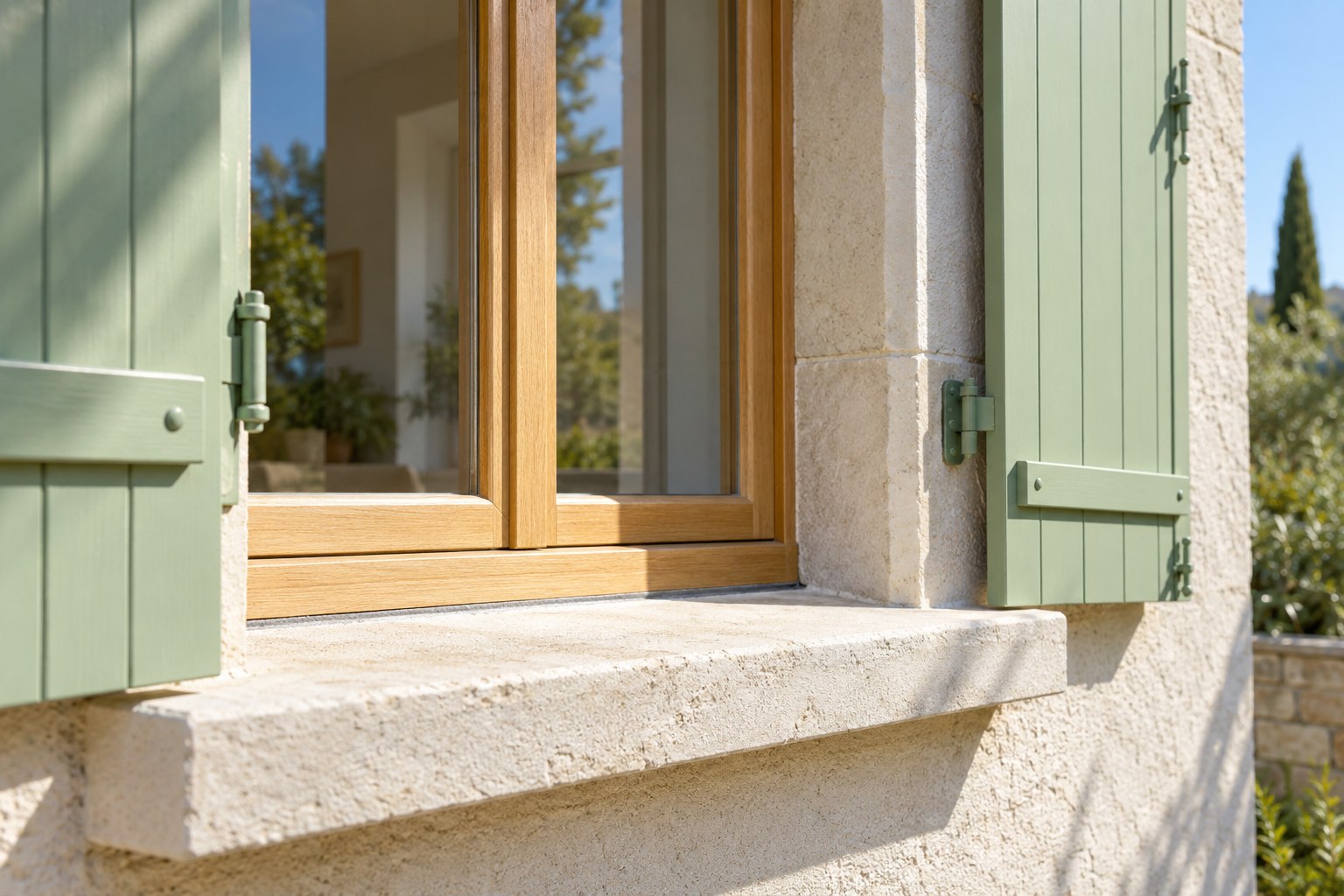 Gros plan lumineux sur une fenêtre en bois, son appui en pierre et ses volets menthe, points de raccord à anticiper avec une isolation de façade
