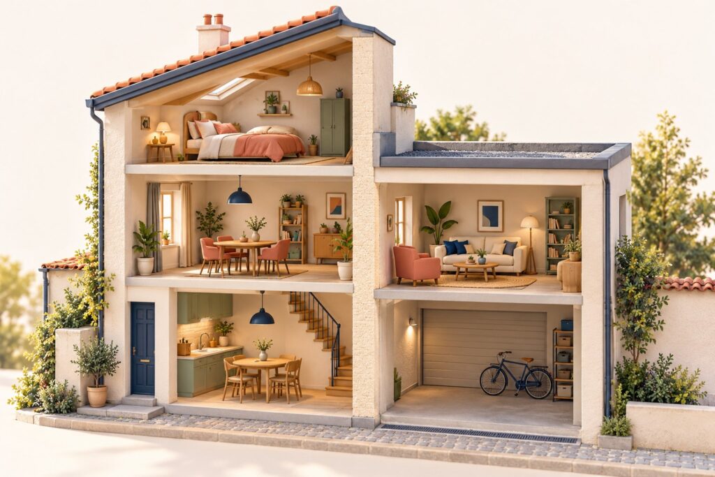 Coupe de deux maisons accolées de hauteurs différentes montrant le mur central face à un salon, un garage avec vélo et une partie haute à l’air libre.
