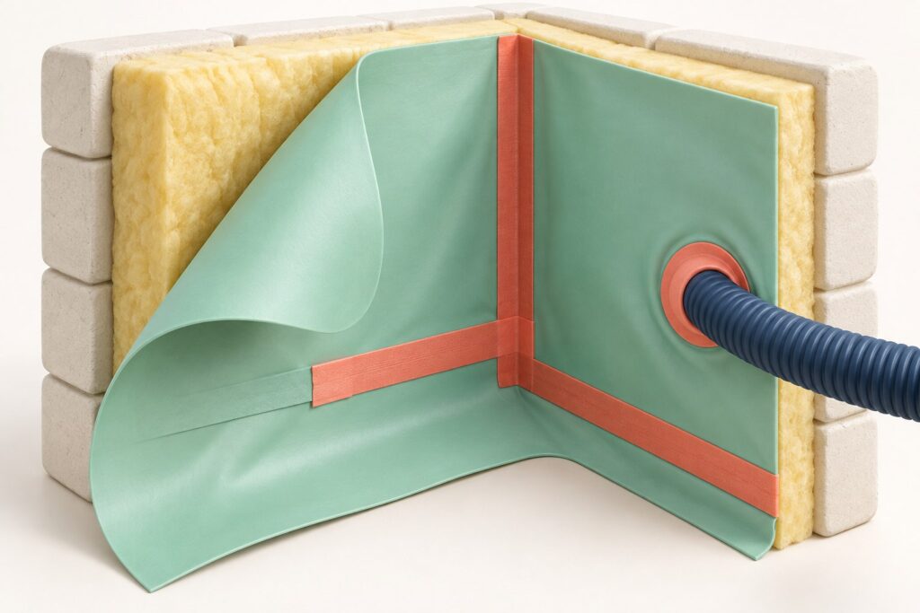 Maquette clay d’un angle de paroi isolée avec une membrane menthe continue, un raccord corail et une traversée étanchée