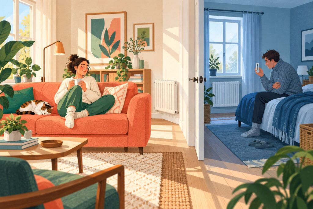 Illustration d’un salon confortable et d’une chambre froide, où un occupant vérifie la température malgré la présence d’un radiateur