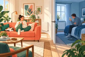 Illustration d’un salon confortable et d’une chambre froide, où un occupant vérifie la température malgré la présence d’un radiateur
