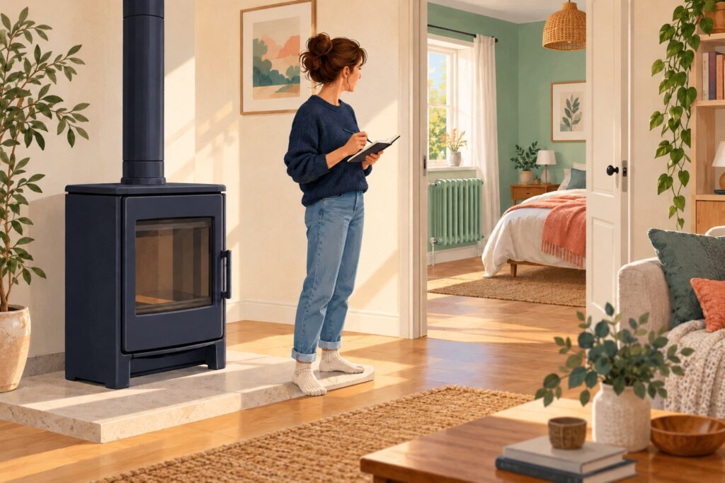 Illustration éditoriale d’une propriétaire repérant un poêle à bois fermé dans le séjour et un radiateur visible dans la chambre voisine.