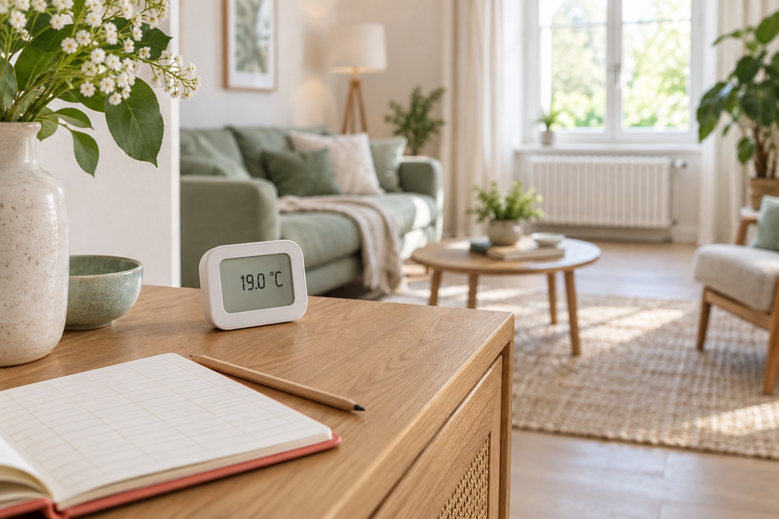 Thermomètre d’ambiance posé sur une console avec un carnet de relevés, à distance du radiateur et de la fenêtre