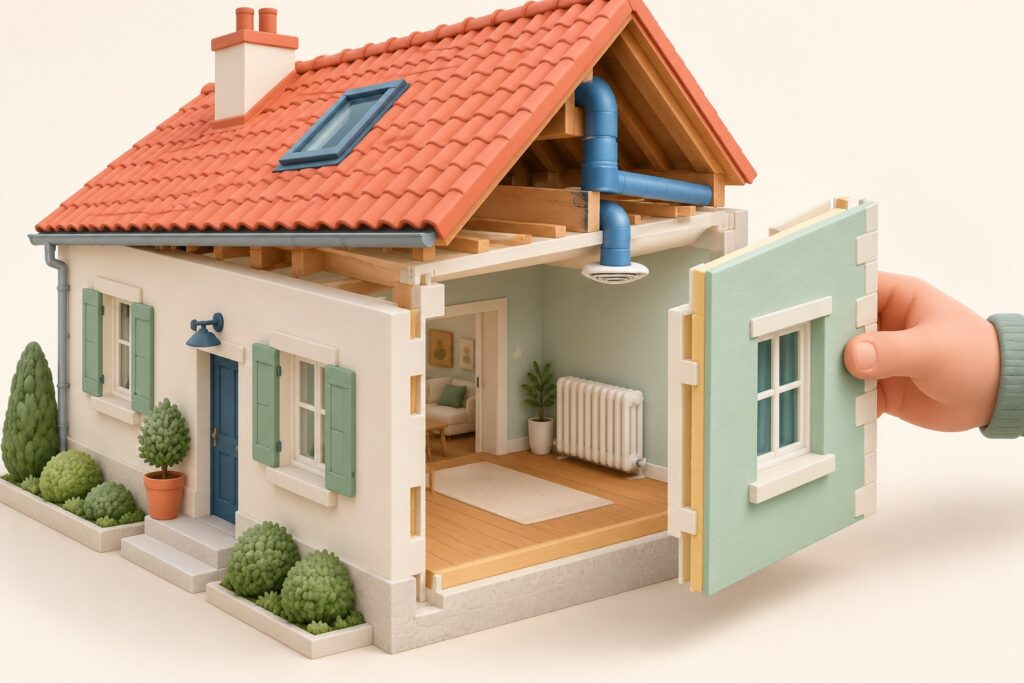 Maquette clay d’une maison dont la façade, la toiture, la ventilation et le chauffage illustrent les éléments à coordonner dans une rénovation par étapes