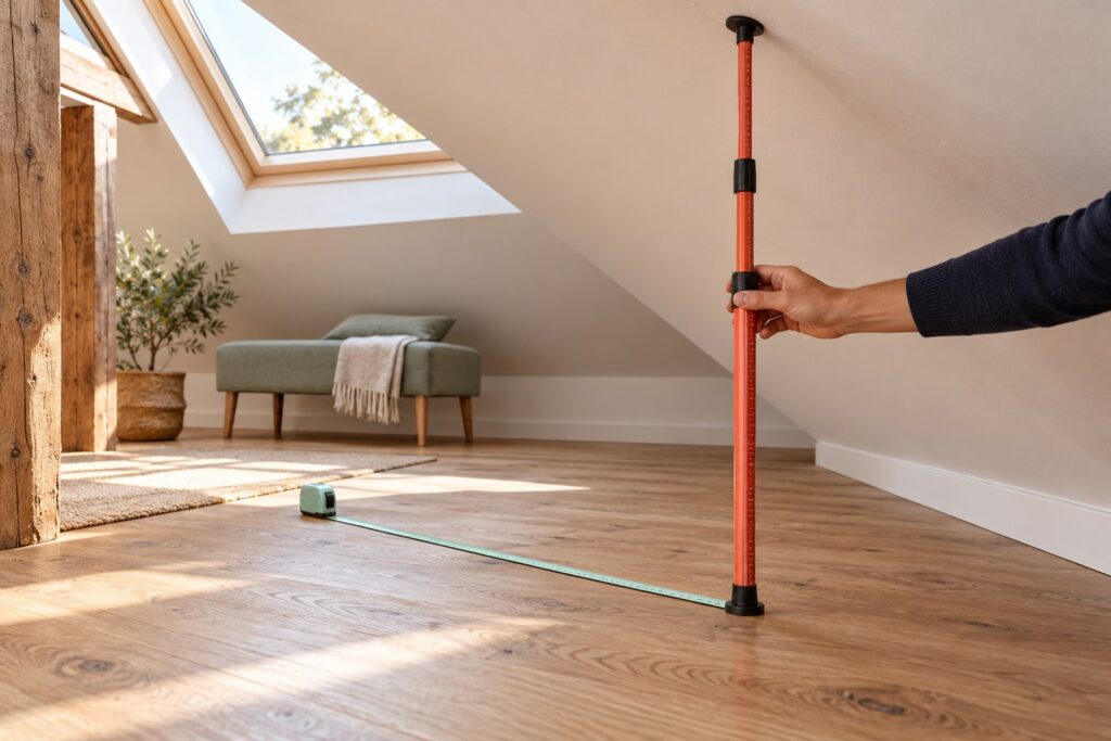 Main tenant une pige verticale sous le plafond incliné d’une pièce mansardée lumineuse, avec un ruban de mesure posé au sol