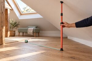 Main tenant une pige verticale sous le plafond incliné d’une pièce mansardée lumineuse, avec un ruban de mesure posé au sol
