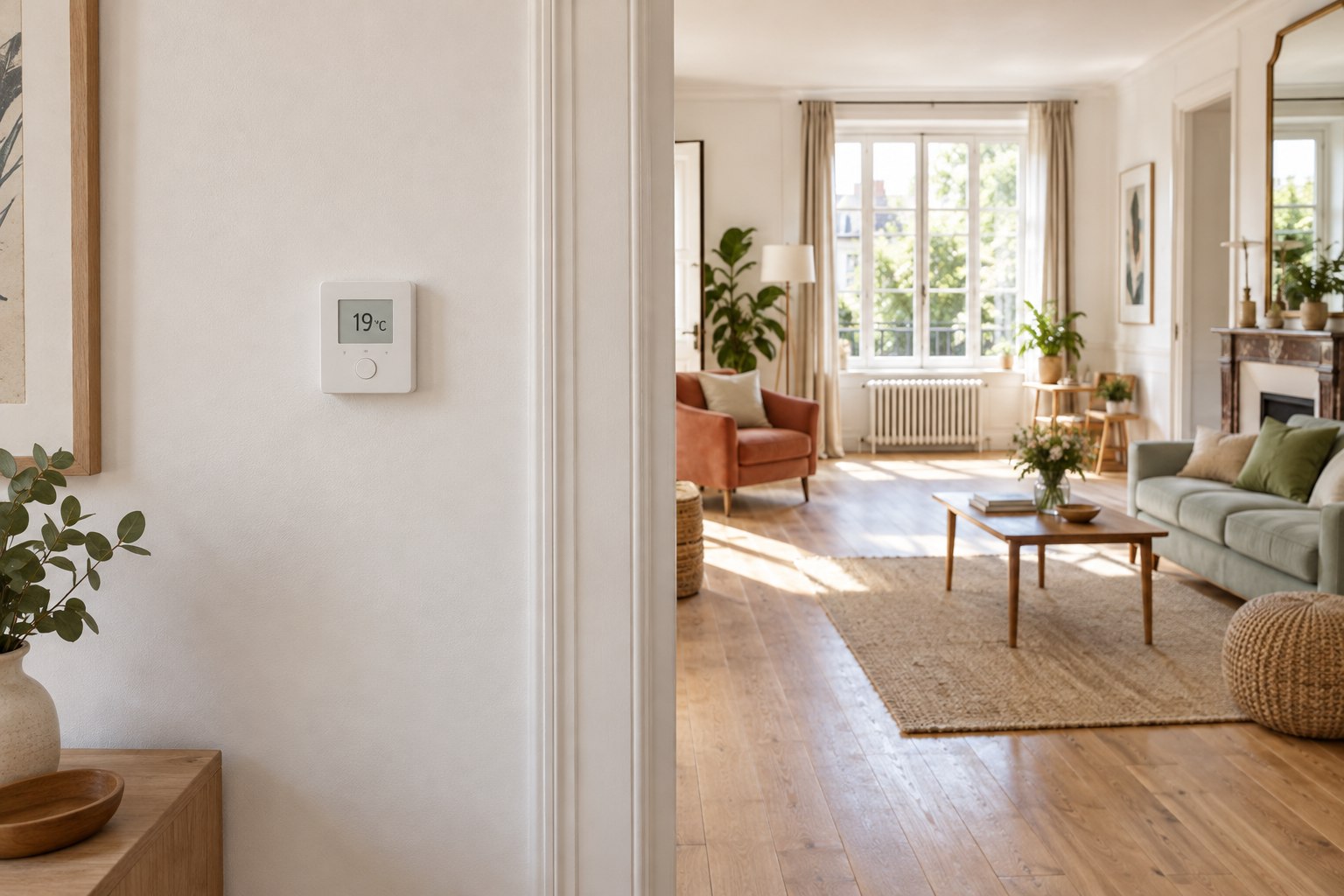 Thermostat posé sur un mur intérieur dégagé, dans un séjour lumineux, loin du radiateur et de la baie vitrée