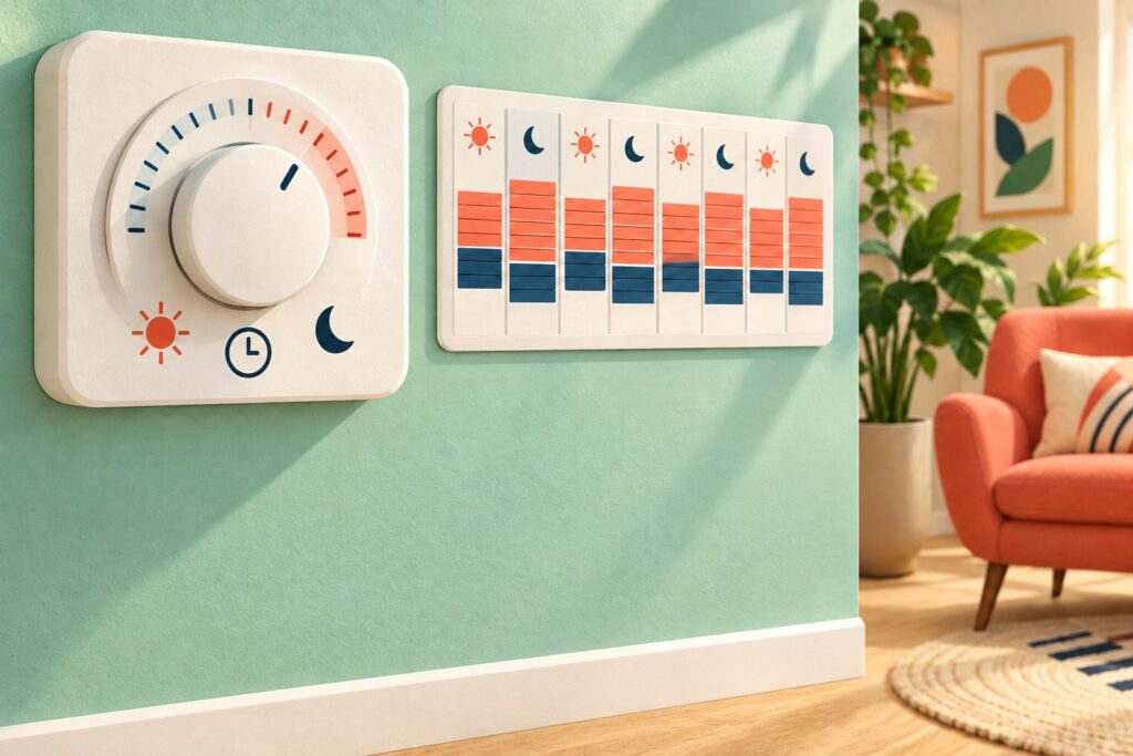Illustration d’un thermostat à cadran et de plages de programmation jour et nuit sur un mur menthe, près d’un séjour