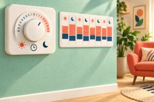 Illustration d’un thermostat à cadran et de plages de programmation jour et nuit sur un mur menthe, près d’un séjour